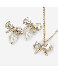 Goldtone Bow and Faux Pearl Set