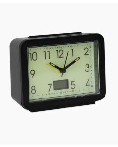 Black Framed Clock With A Glow In The Dark Face, Large Numbers And A Small Rectangle At The Bottom For The Temperature To Be Displayed.