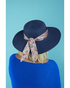 Navy Straw Effect Hat With Ribbon