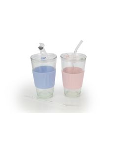 Set of 2 Glass Cups with Ribbed Sleeve & Straw