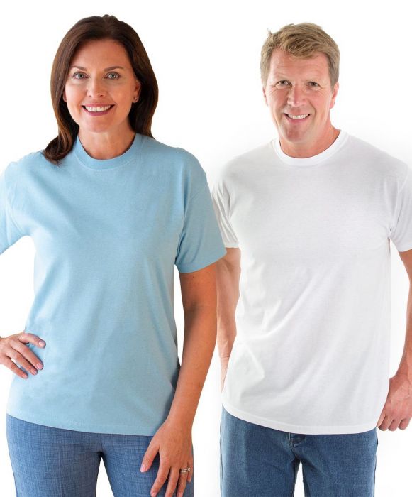 Two people wearing t-shirts; one blue, one white.